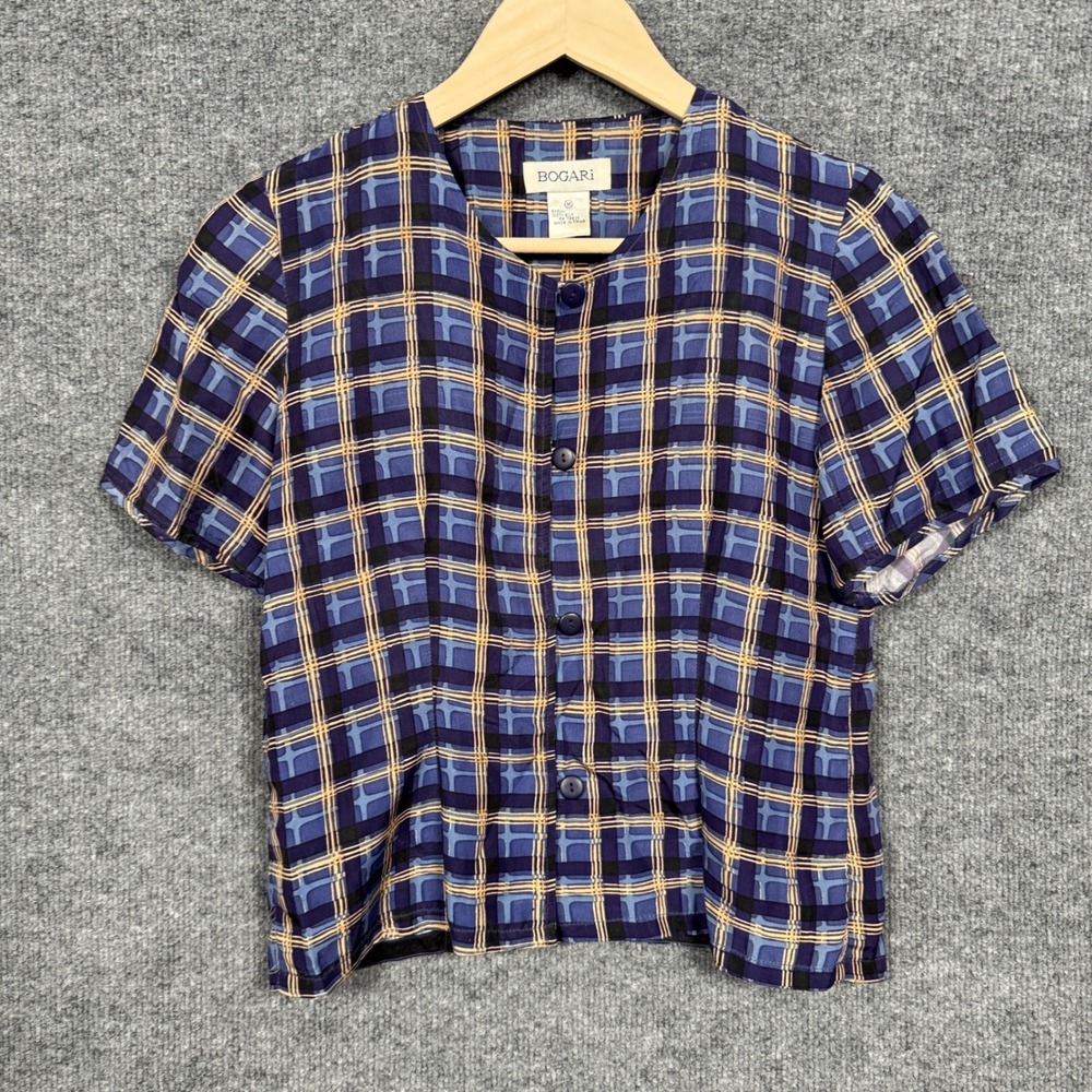 Vintage Bogari Womens Medium Silk Button Top Blue Plaid‎ Windowpane Geometric